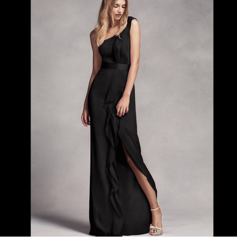 Vera Wang black ruffle one-shoulder bridesmaids dress